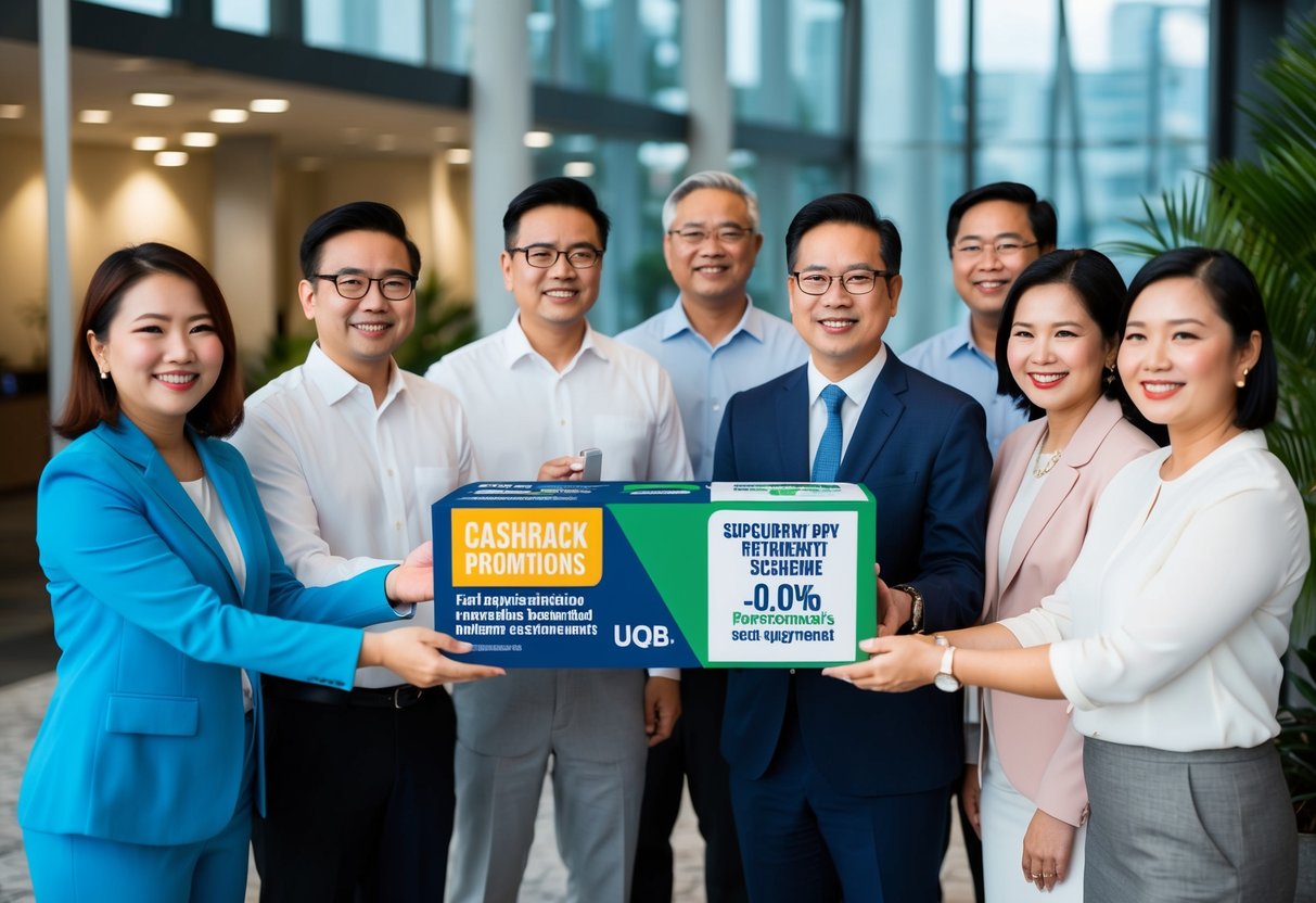 A group of diverse individuals in Singapore receiving cashback promotions for their Supplementary Retirement Scheme investments from UOB
