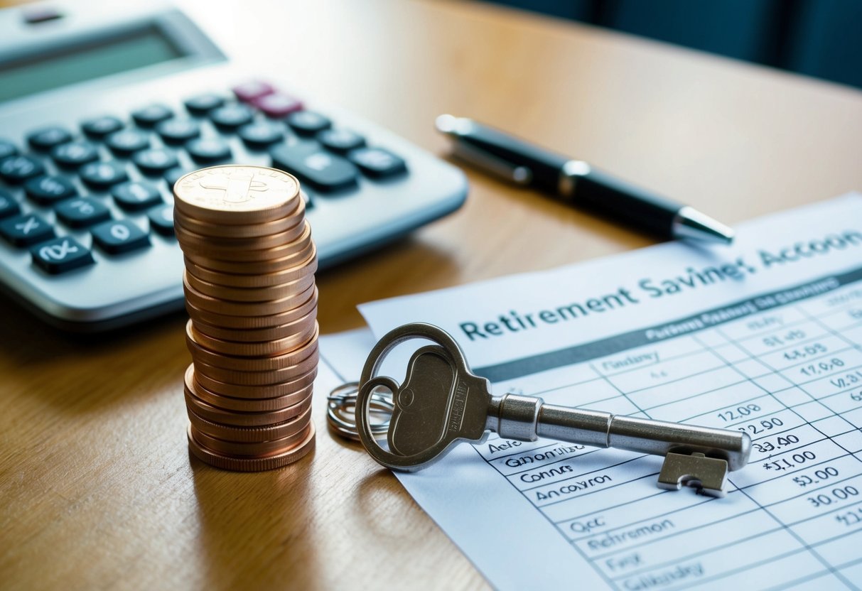 A stack of coins and a key on a table, with a calculator and a retirement savings account statement nearby