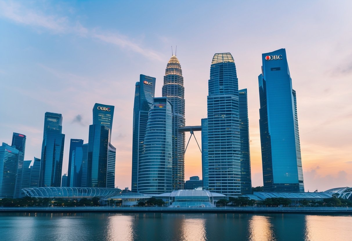 A serene and modern cityscape in Singapore, with prominent OCBC branding and imagery of retirement savings and financial planning