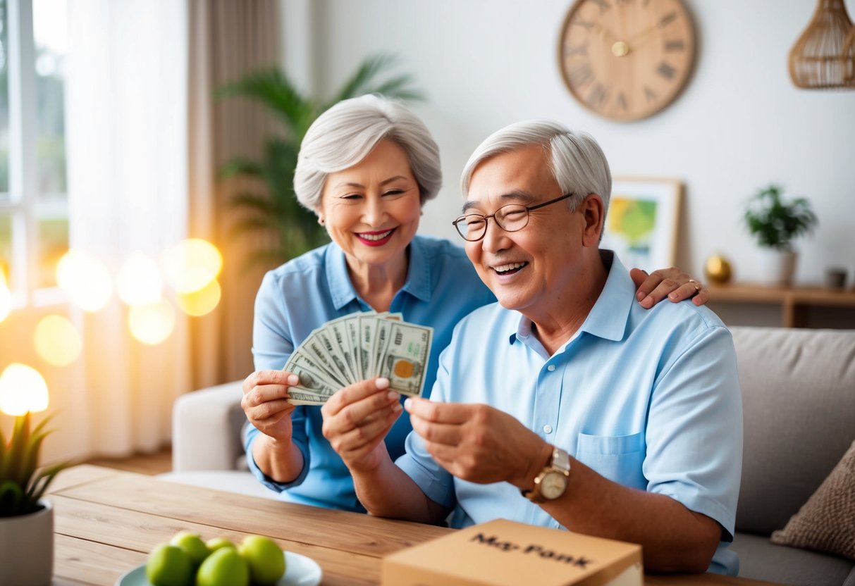 A senior couple happily counting cashback rewards from their Maybank Investment SRS promotion in a cozy living room