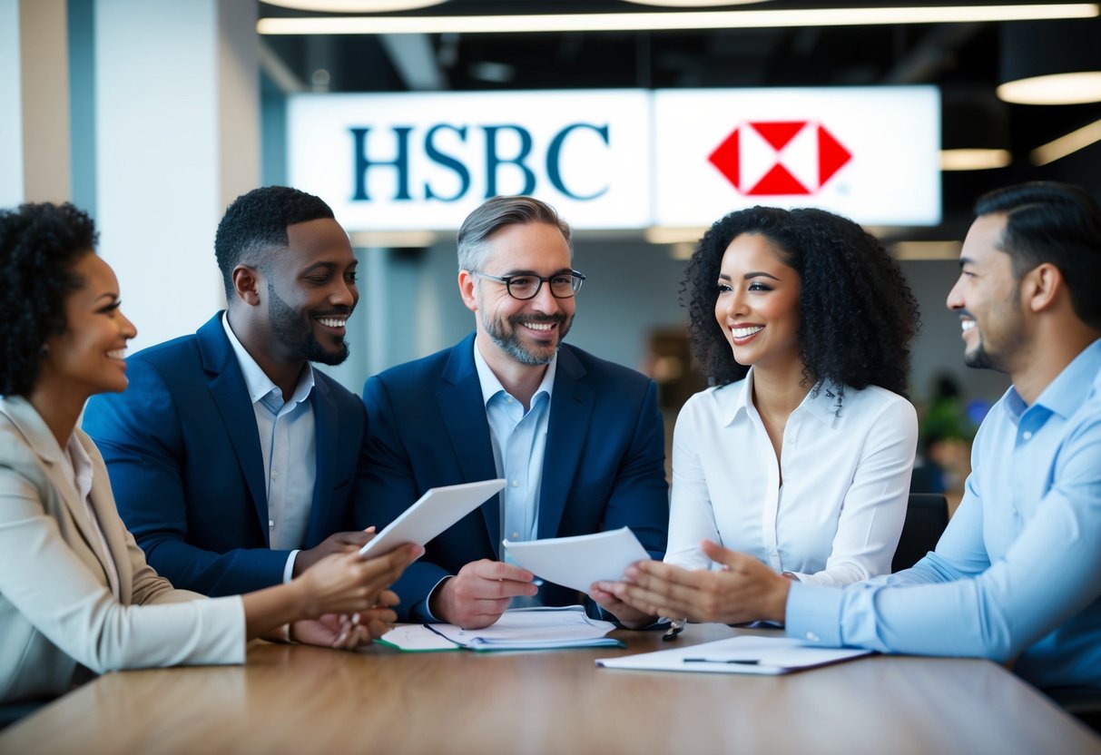 A group of diverse individuals smiling and discussing financial plans in a modern office setting with the HSBC logo prominently displayed