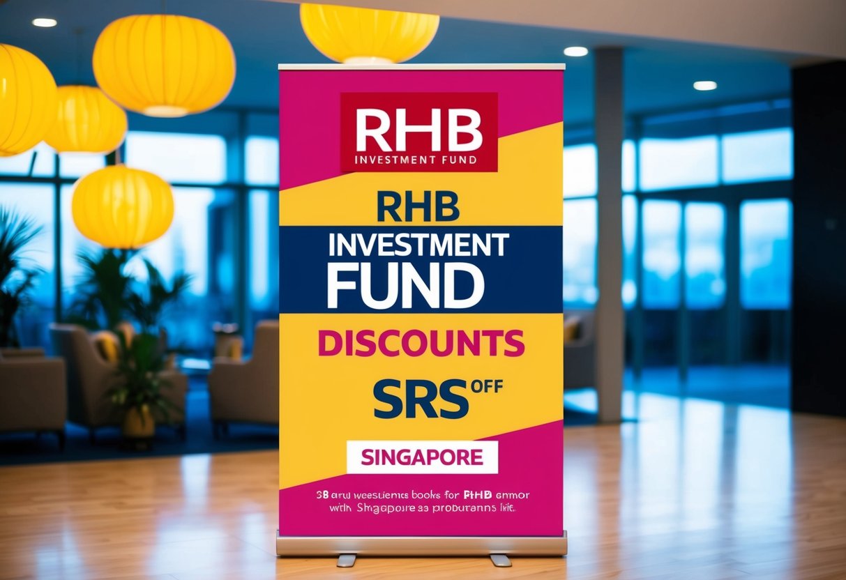 A vibrant promotional banner for RHB Investment Fund Discounts srs in Singapore, featuring bold graphics and enticing offers