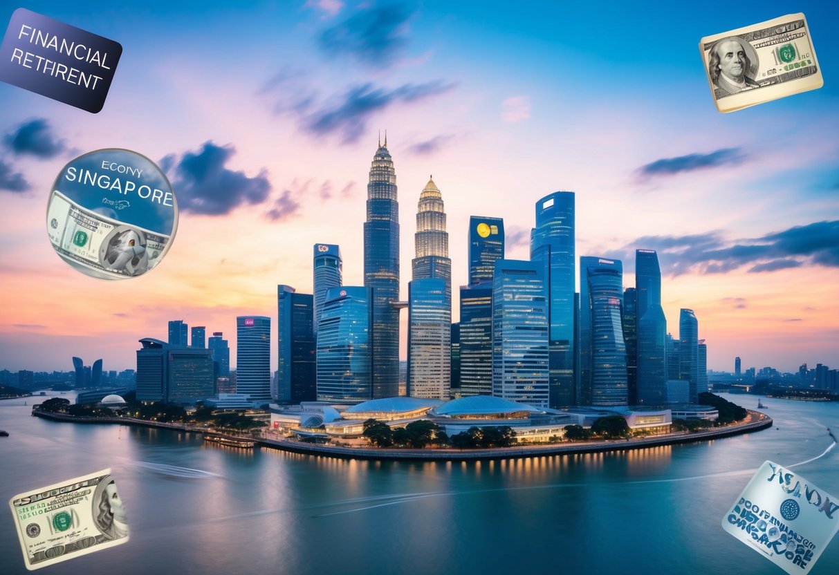 A vibrant cityscape with iconic Singapore landmarks, surrounded by financial symbols and retirement imagery