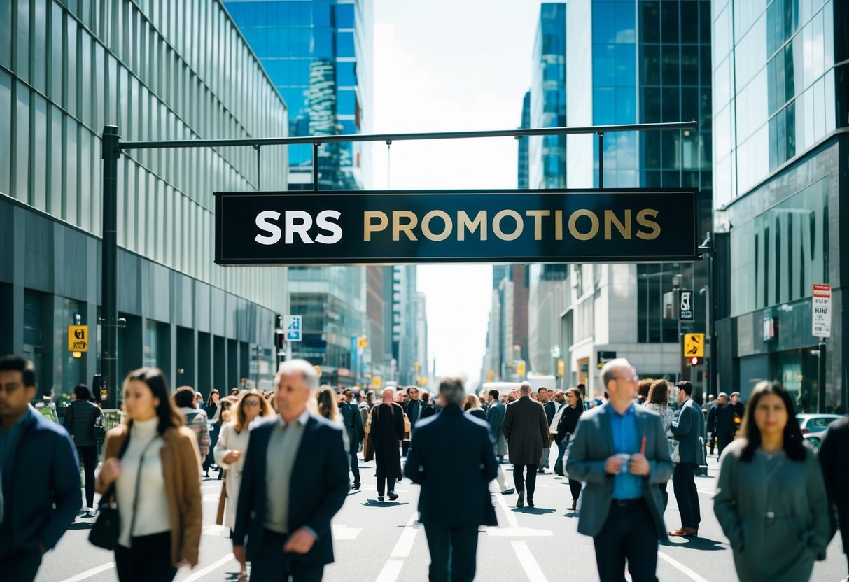 A bustling city street with a prominent sign for SRS promotions, surrounded by modern buildings and a diverse group of people