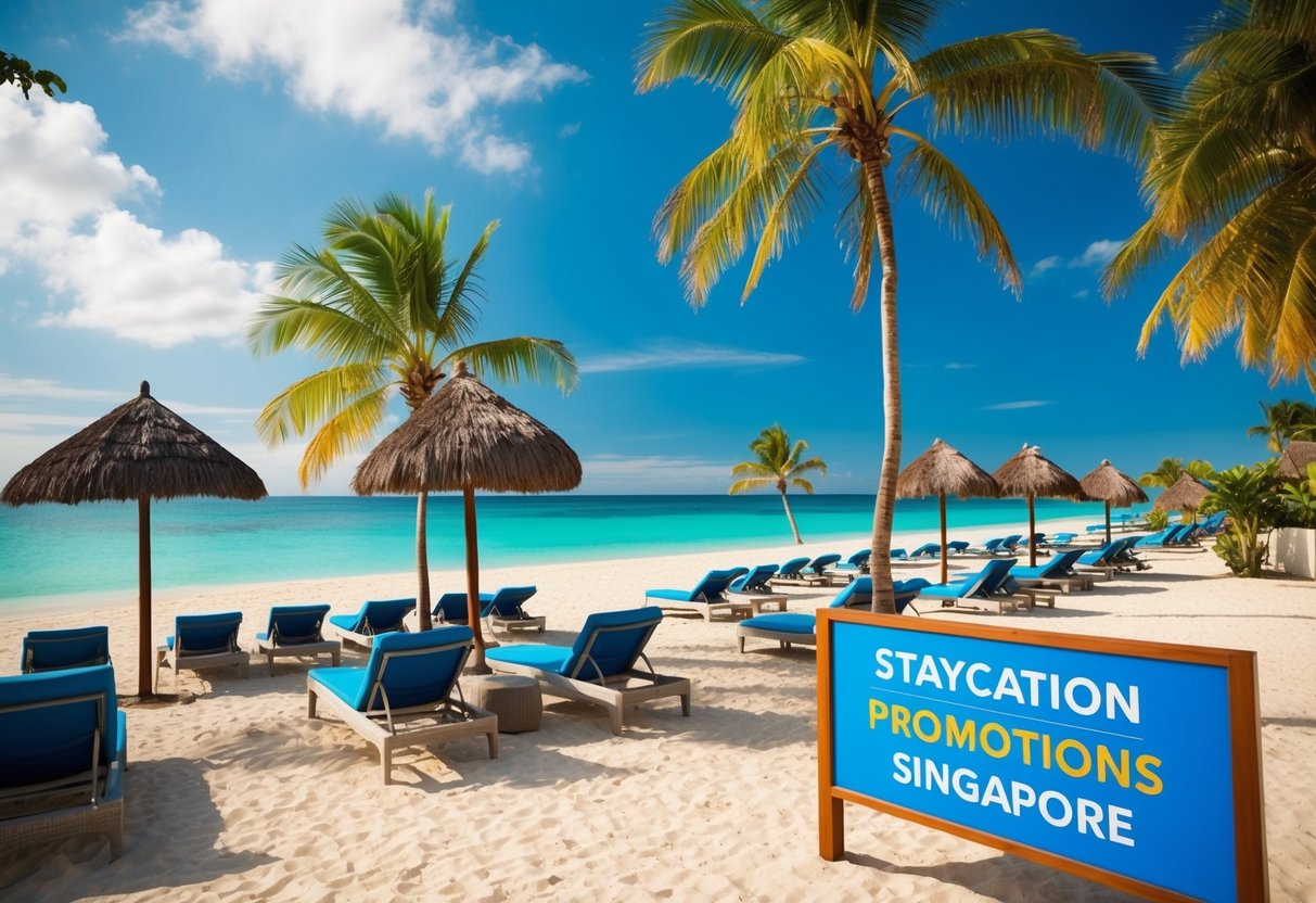 A tropical beach resort with palm trees, loungers, and clear blue water, with a sign advertising staycation promotions in Singapore