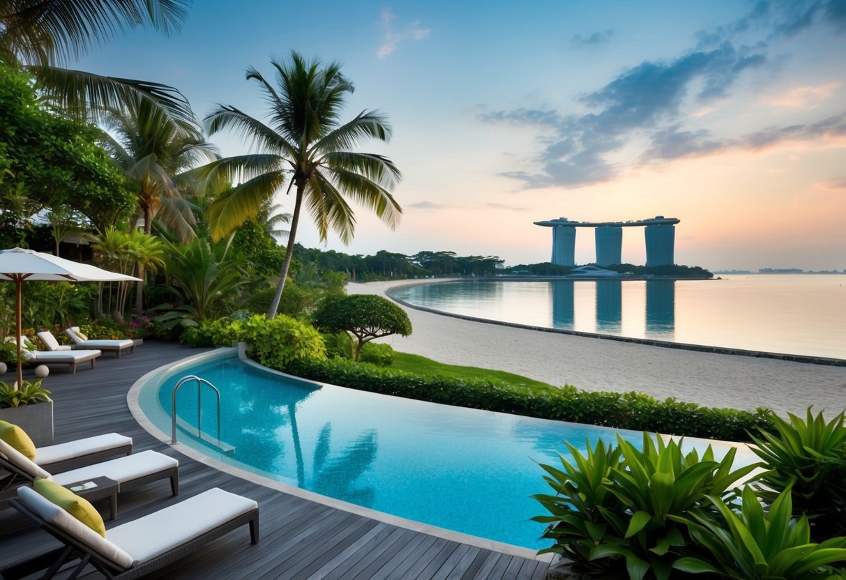A tranquil beachfront resort with lush gardens and a sparkling pool, offering exclusive staycation deals in Singapore