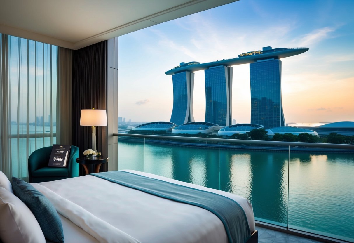 A luxurious hotel room overlooking the iconic Marina Bay Sands in Singapore, with a promotional offer displayed on the bedside table