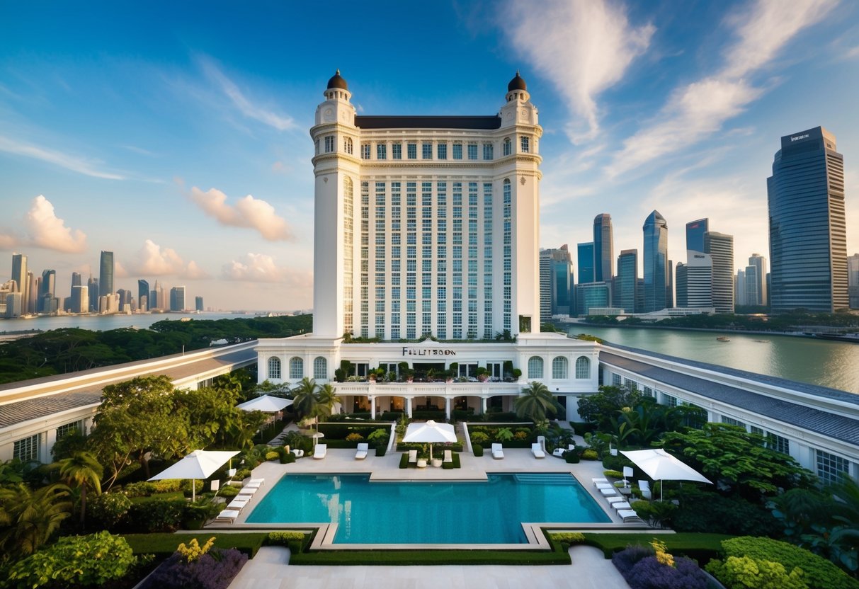 The Fullerton Hotel's Heritage Package: iconic building, lush gardens, elegant poolside, luxurious rooms, and stunning city skyline