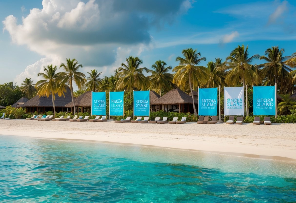 A serene tropical beach with palm trees, crystal-clear waters, and a luxurious resort with promotional banners for Sentosa Island Getaway staycation in Singapore