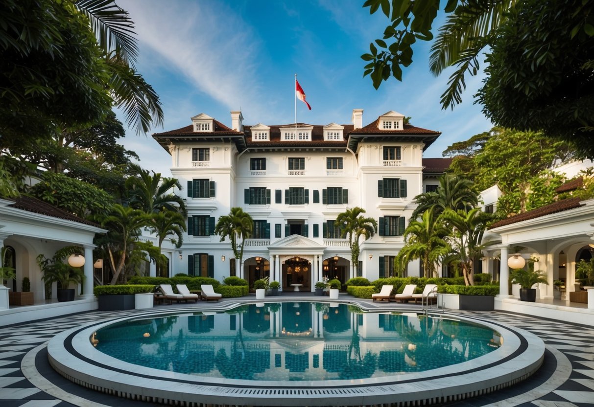 A luxurious colonial-style hotel in Singapore offers staycation promotions amidst lush gardens and elegant architecture