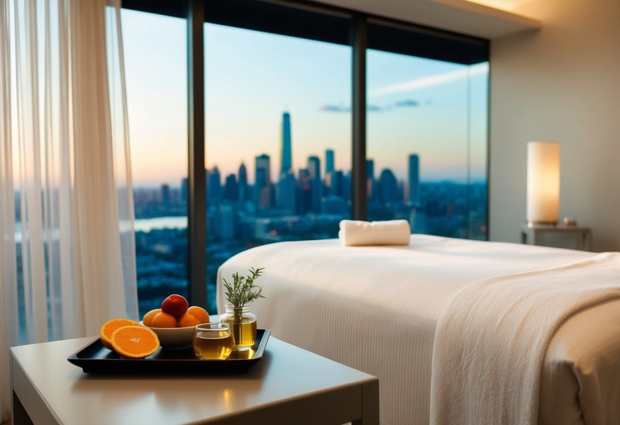 A serene spa room with a plush bed, soft lighting, and a view of the city skyline. A tray of fresh fruit and herbal tea sits on a table