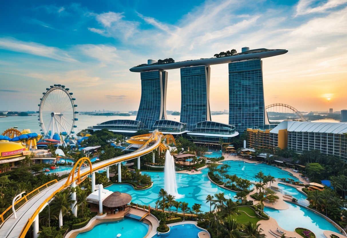 A vibrant scene of Resorts World Sentosa with thrilling attractions and promotional offers in Singapore