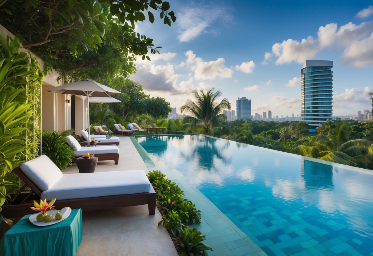 A serene poolside with lush greenery, a cozy hotel room with city views, and a relaxing spa setting with tropical decor