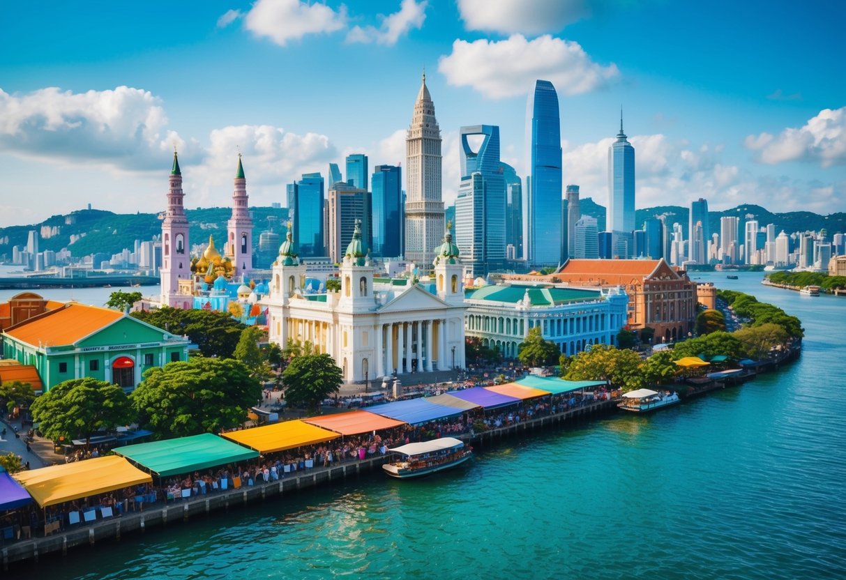 A vibrant cityscape with iconic landmarks and colorful street markets, surrounded by lush greenery and tranquil waterfronts