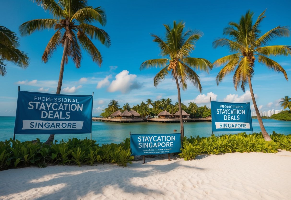 A tropical island with palm trees and a clear blue sky, surrounded by promotional banners and signs advertising staycation deals in Singapore