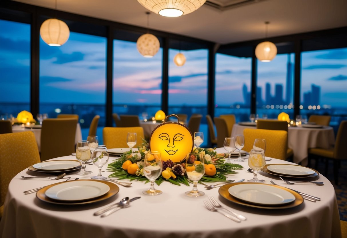 A table adorned with lunar-themed decor, set for a feast at Sun and Moon Singapore