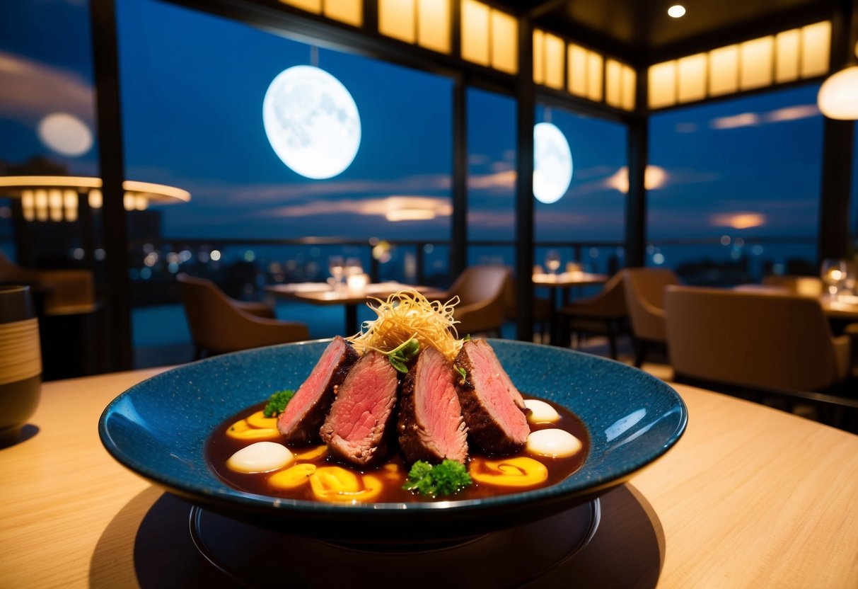 A luxurious Japanese dining and cafe scene featuring a delectable Wagyu beef dish under the sun and moon promotions in Singapore