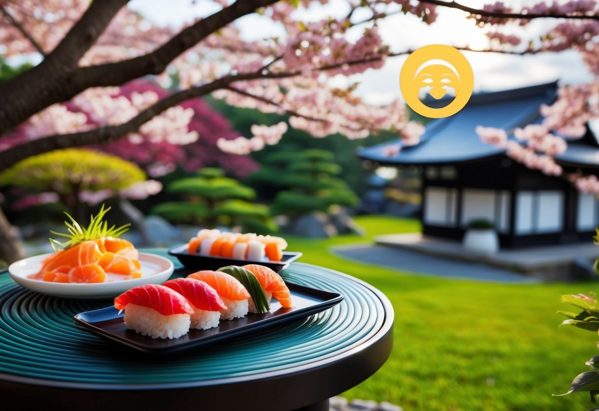 A serene Japanese garden with cherry blossom trees, a sushi platter, and a sun and moon motif in the background