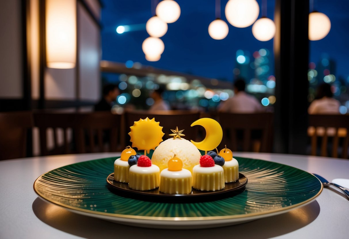 A moonlit dessert platter with sun and moon motifs, set in a Japanese dining and cafe in Singapore