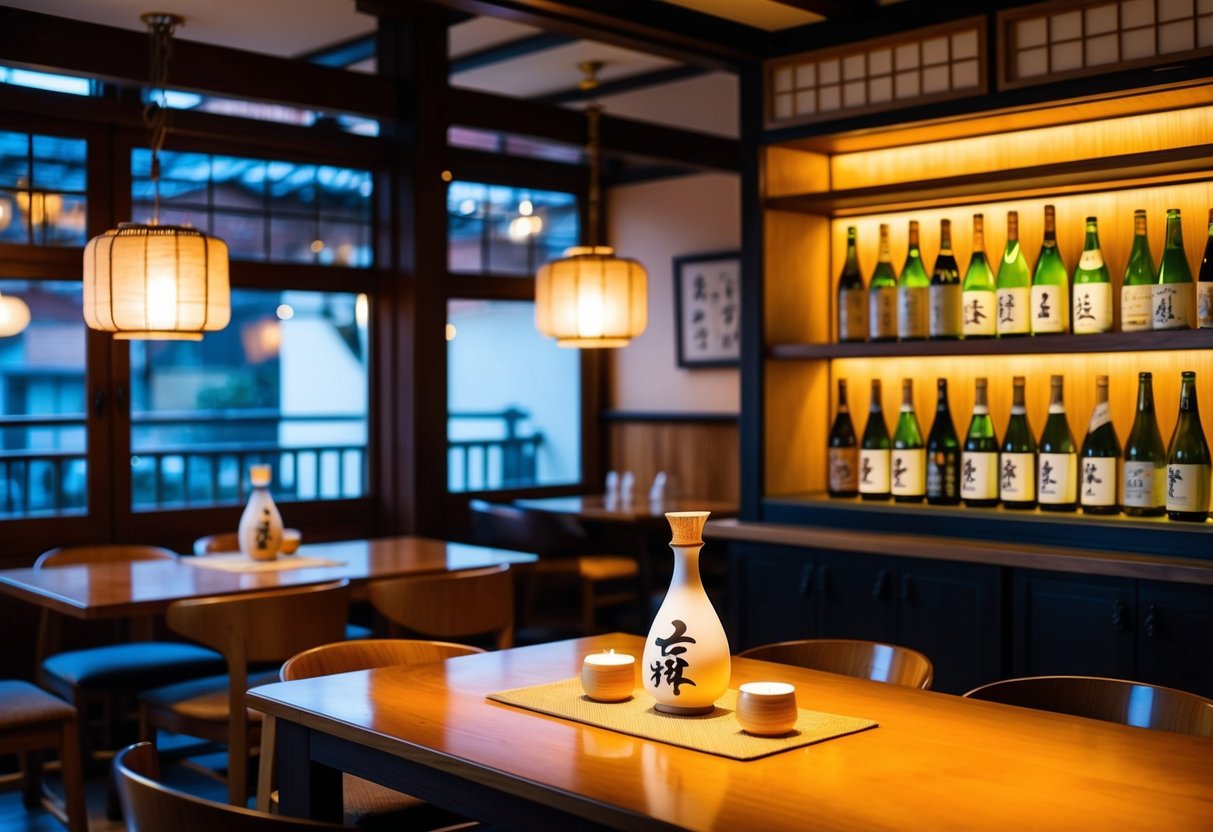 A cozy Japanese dining and cafe with warm lighting, traditional decor, and a variety of sake bottles displayed on wooden shelves