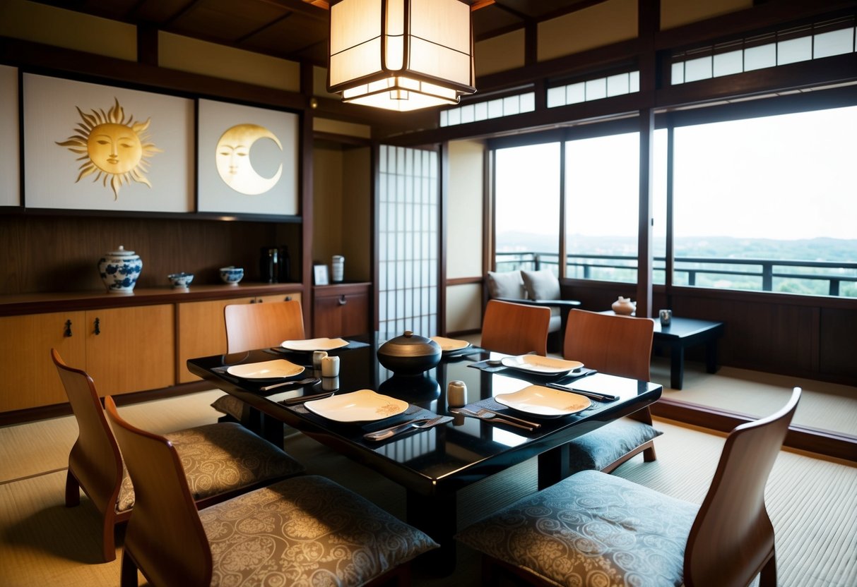 A traditional Japanese dining room with a table set for an elegant Kaiseki course, featuring the sun and moon motifs