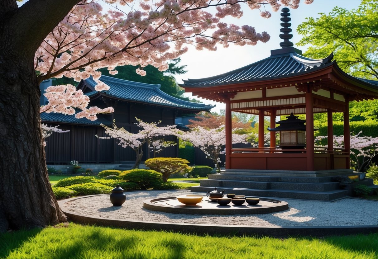 A serene Japanese tea garden with a sunlit pagoda, blooming cherry blossoms, and a traditional tea set under the shade of a large maple tree