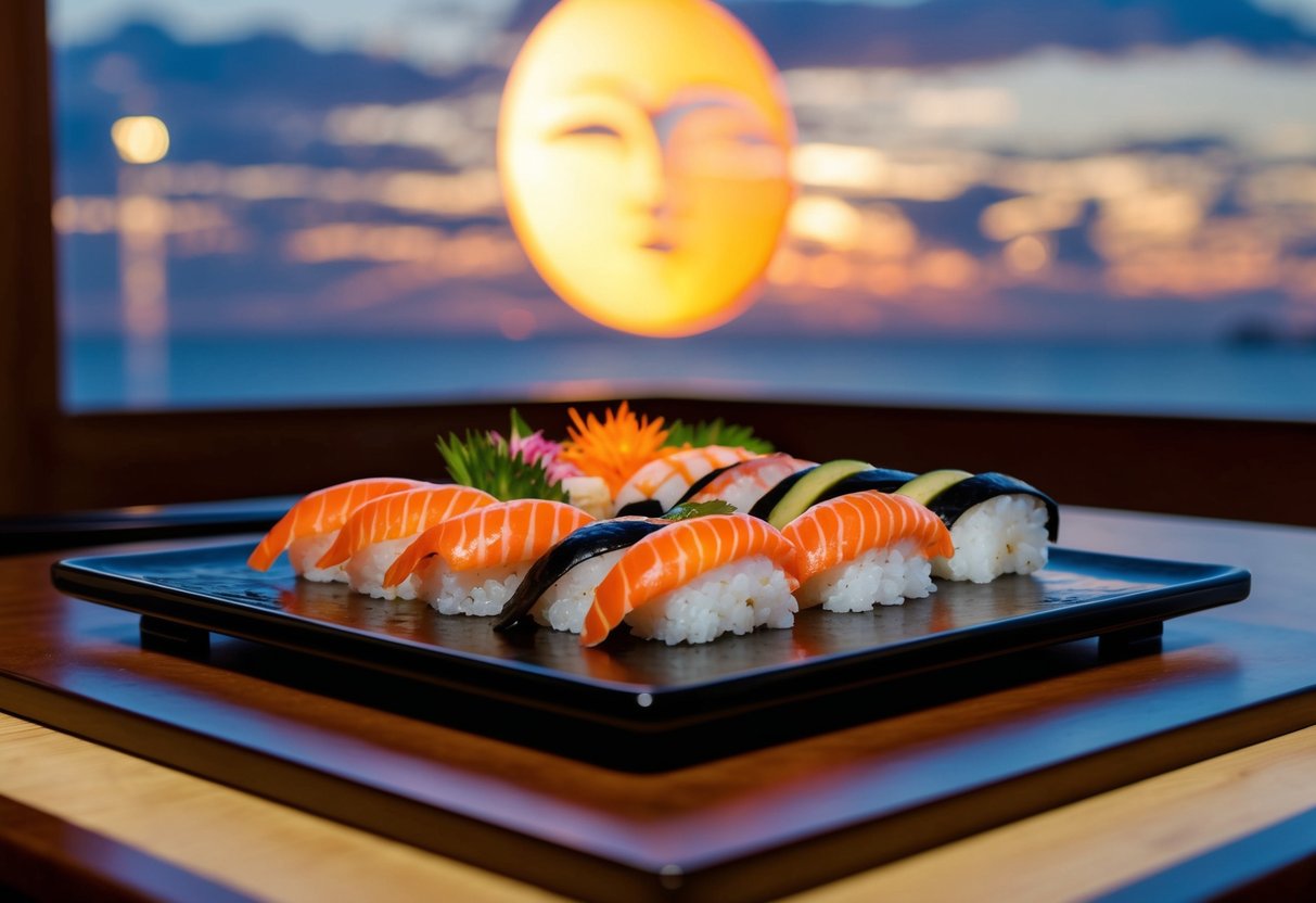 A serene Japanese dining setting with a sun and moon motif, showcasing a beautifully arranged selection of nigiri sushi