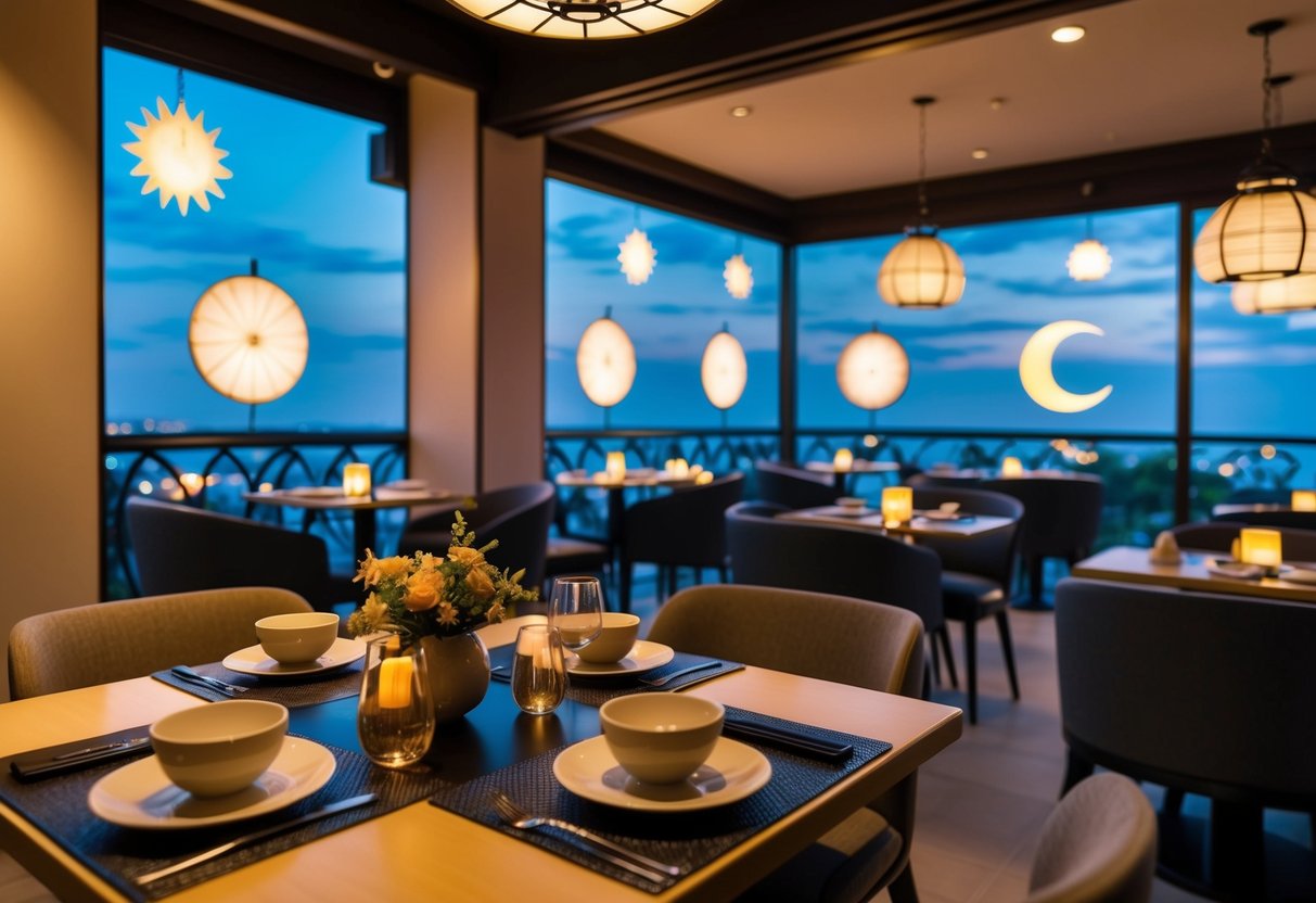 A serene Japanese dining and cafe scene with sun and moon motifs, showcasing exclusive promotions in Singapore