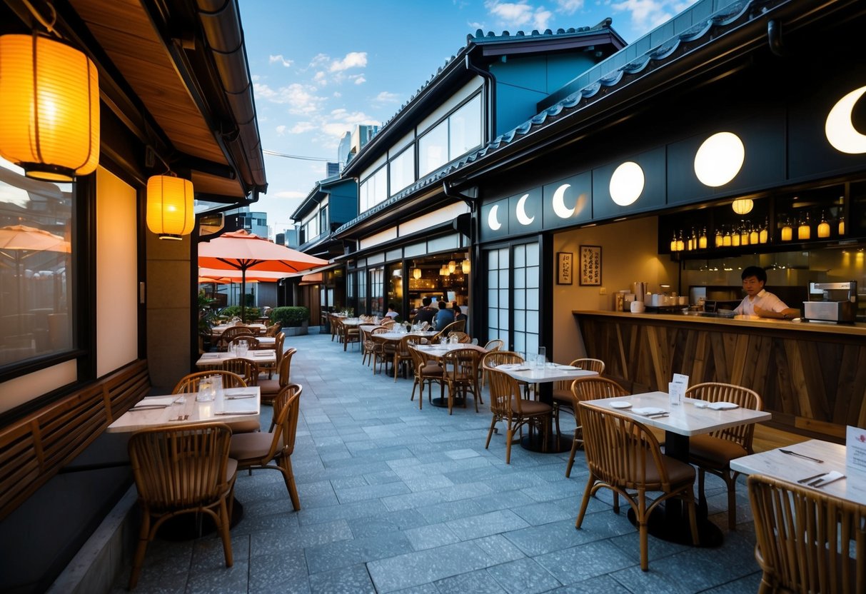 A bustling Japanese restaurant with a sunny outdoor dining area and a cozy indoor cafe, featuring glowing sun and moon motifs