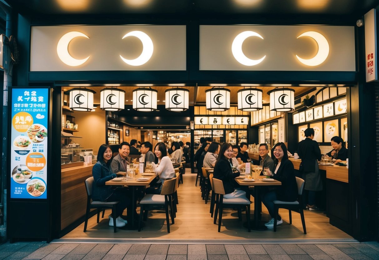 A bustling Japanese dining and cafe with sun and moon motifs, featuring promotional displays and happy customers