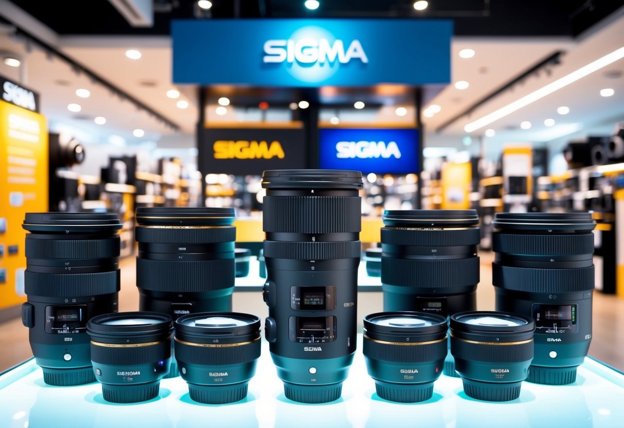 A bustling electronics store in Singapore showcases a range of Sigma camera lenses with promotional signage and bright display lighting