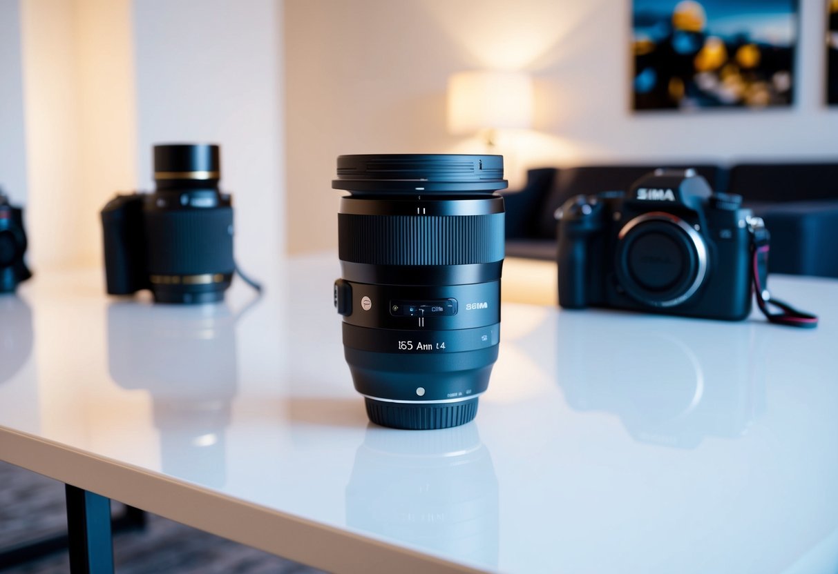 A sleek Sigma 35mm f/1.4 DG HSM Art Lens sits on a clean, modern tabletop in a well-lit room, surrounded by other high-quality camera equipment