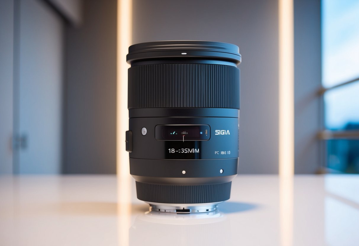 A close-up of the Sigma 18-35mm f/1.8 DC HSM Art Lens against a sleek, modern backdrop, with soft lighting to highlight its sleek design