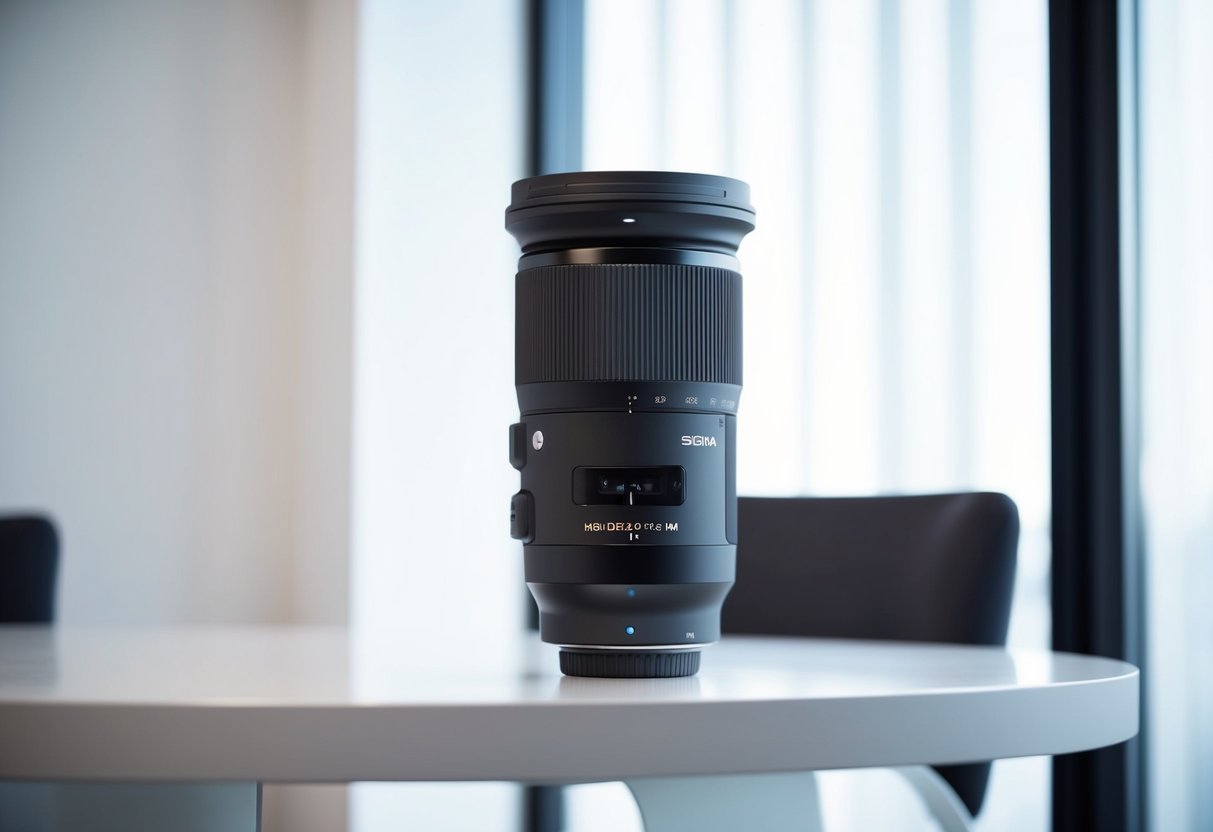 A sleek Sigma 24-70mm f/2.8 DG OS HSM Art Lens sits on a clean, modern table with soft, diffused light streaming in from a nearby window
