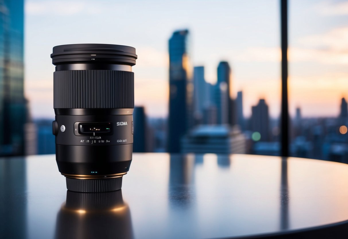 A sleek Sigma 50mm f/1.4 DG HSM Art Lens sits on a modern table with cityscape in the background