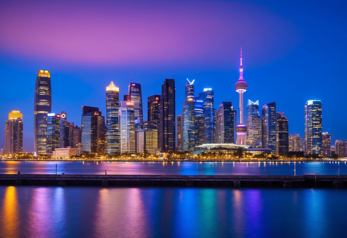 A vibrant cityscape with a modern skyline and colorful lights, showcasing the versatility and clarity of the Sigma 14-24mm f/2.8 DG HSM Art Lens