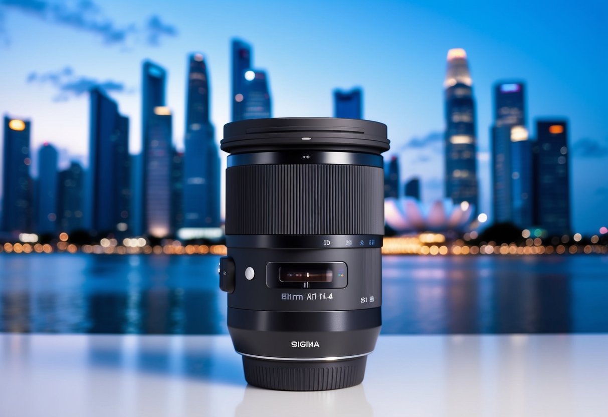 A sleek and modern Sigma 85mm f/1.4 DG HSM Art Lens displayed against a backdrop of the Singapore skyline at dusk