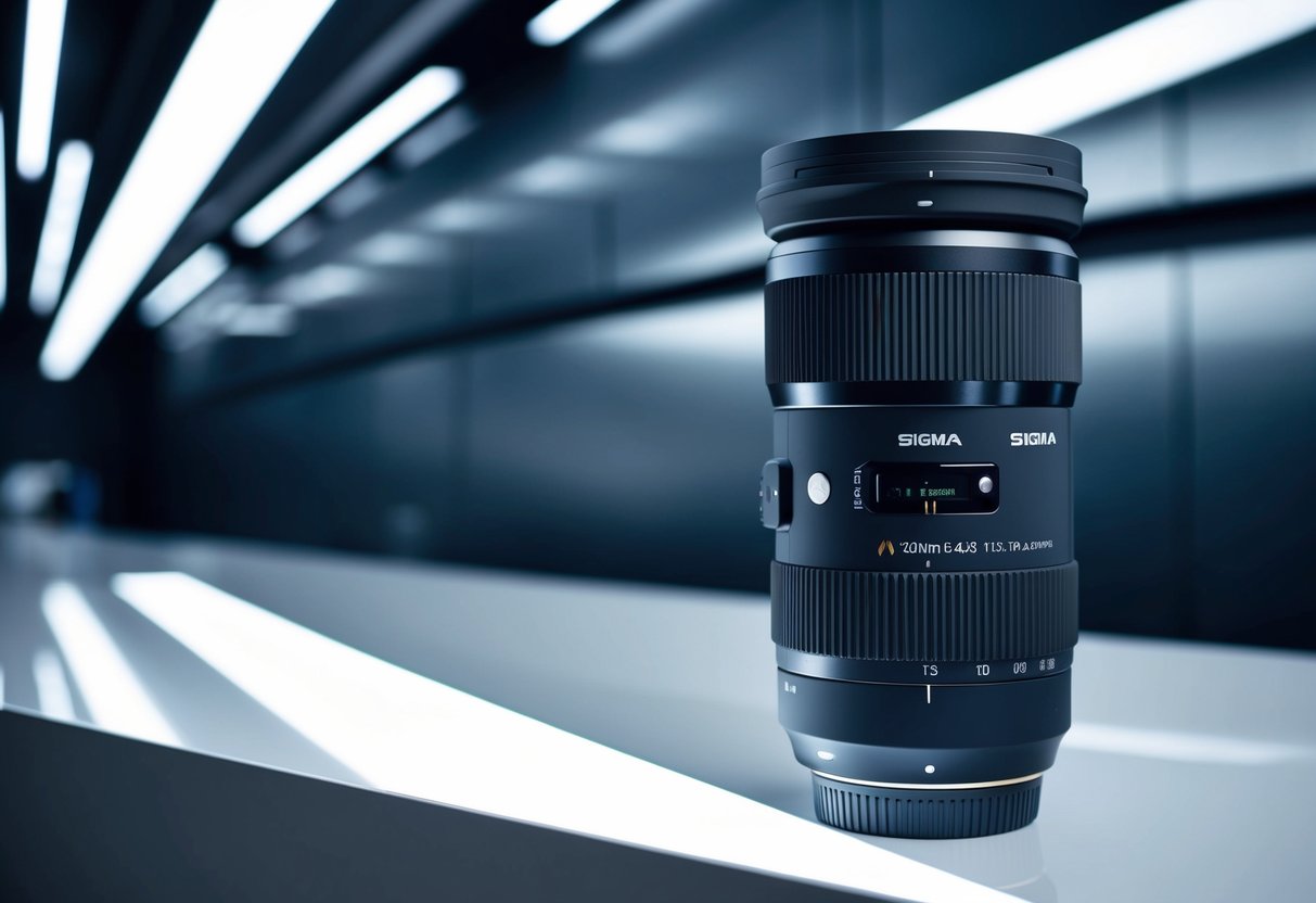 A close-up of the Sigma 70-200mm f/2.8 DG OS HSM Sports Lens against a sleek, modern backdrop, with dynamic lighting to highlight its features