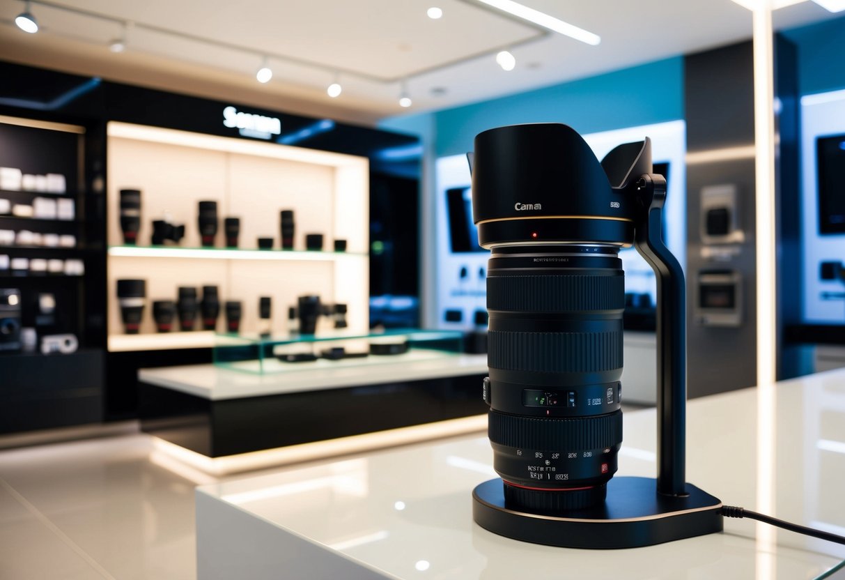 A camera lens sitting on a sleek, modern display stand in a well-lit photography store in Singapore