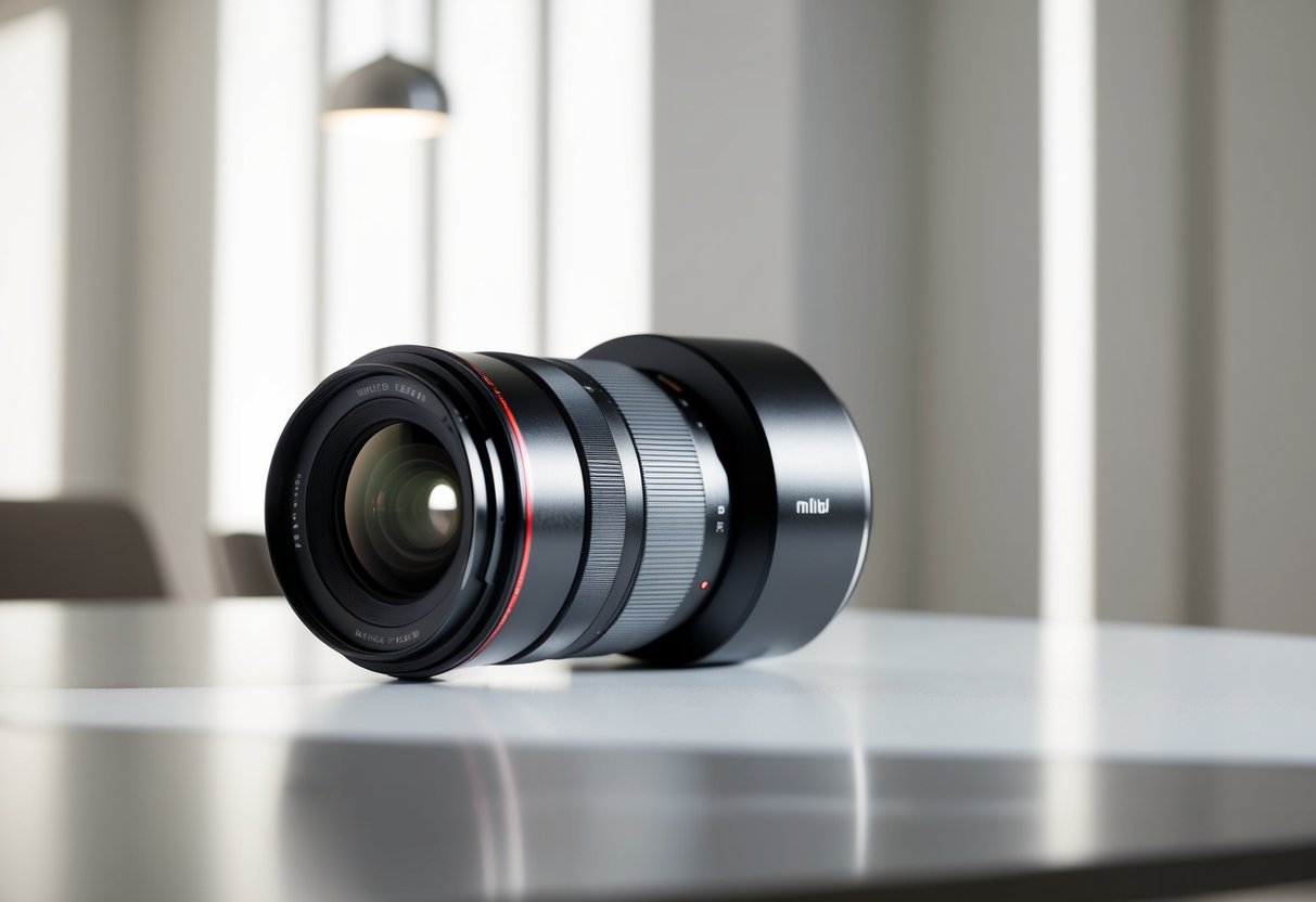 A camera lens sitting on a sleek, modern table in a well-lit room with soft shadows and a clean, minimalist background
