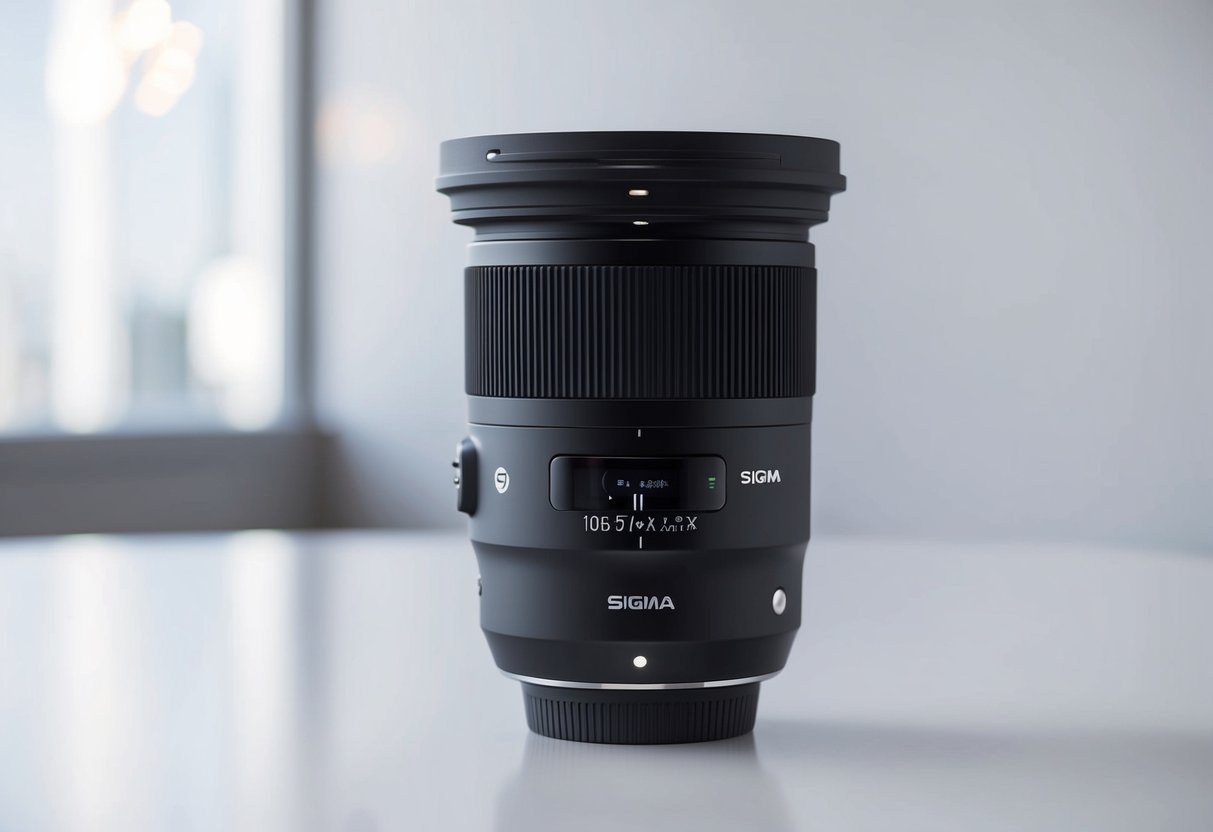 A close-up shot of a Sigma 105mm f/2.8 EX DG OS HSM Macro Lens with soft lighting and a clean, minimalist background