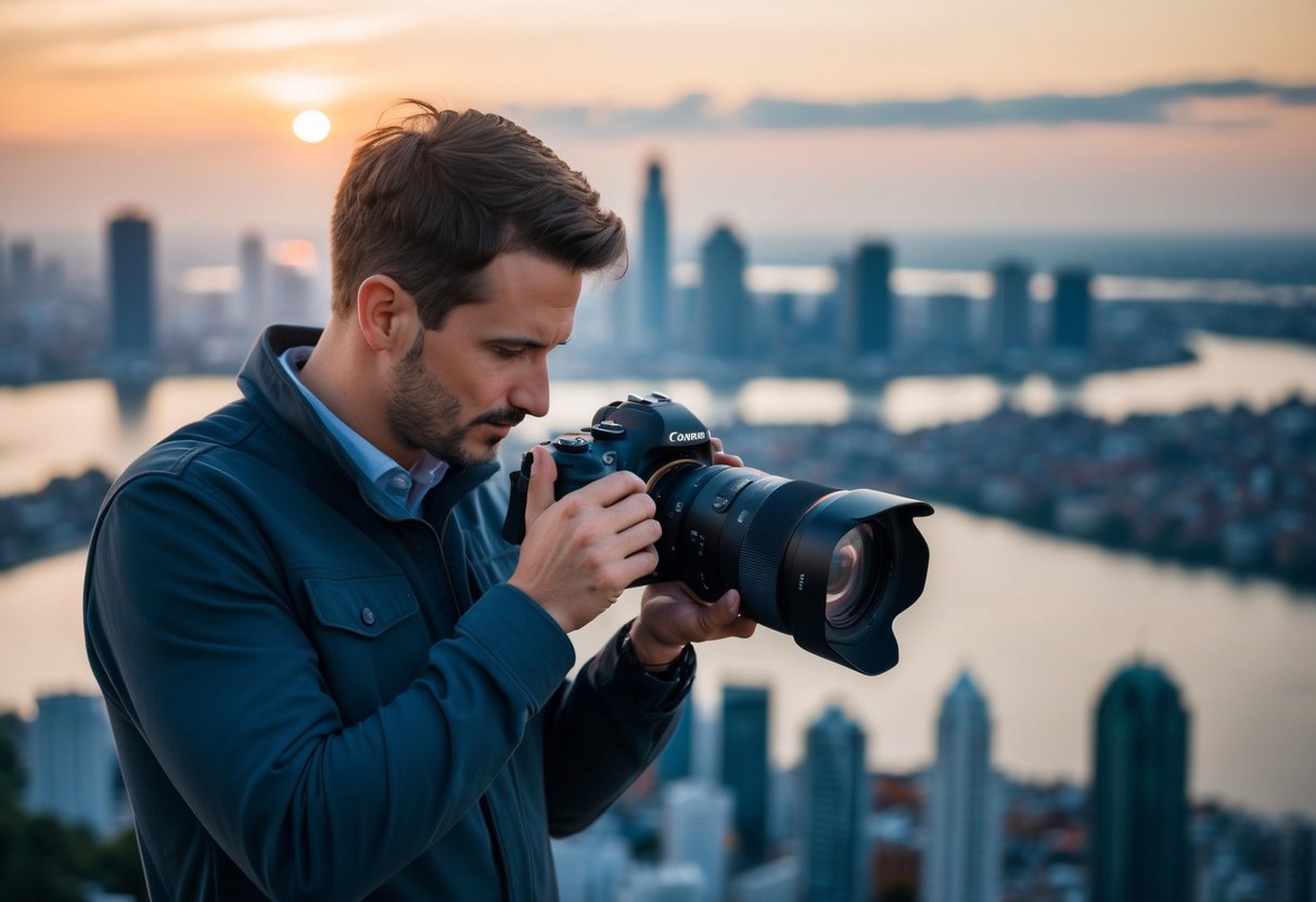 A photographer adjusting a Sigma lens on a professional camera, surrounded by various landscapes and cityscapes