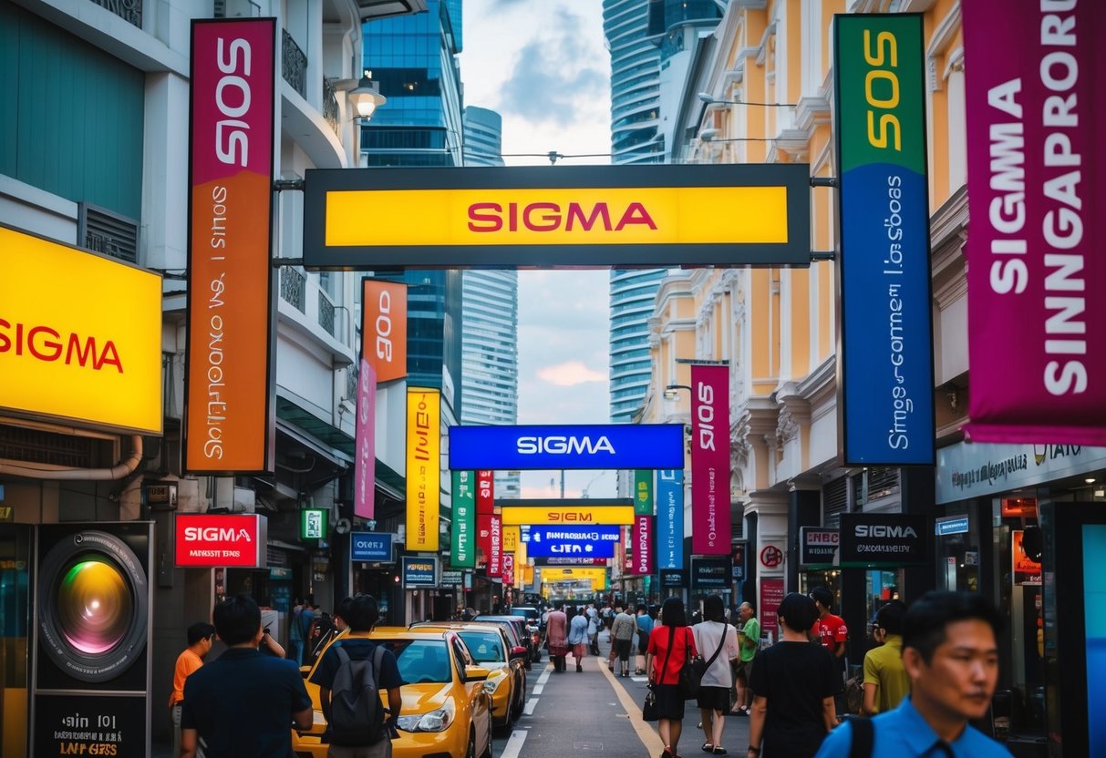 A bustling Singapore street with colorful signs and banners promoting Sigma camera lenses