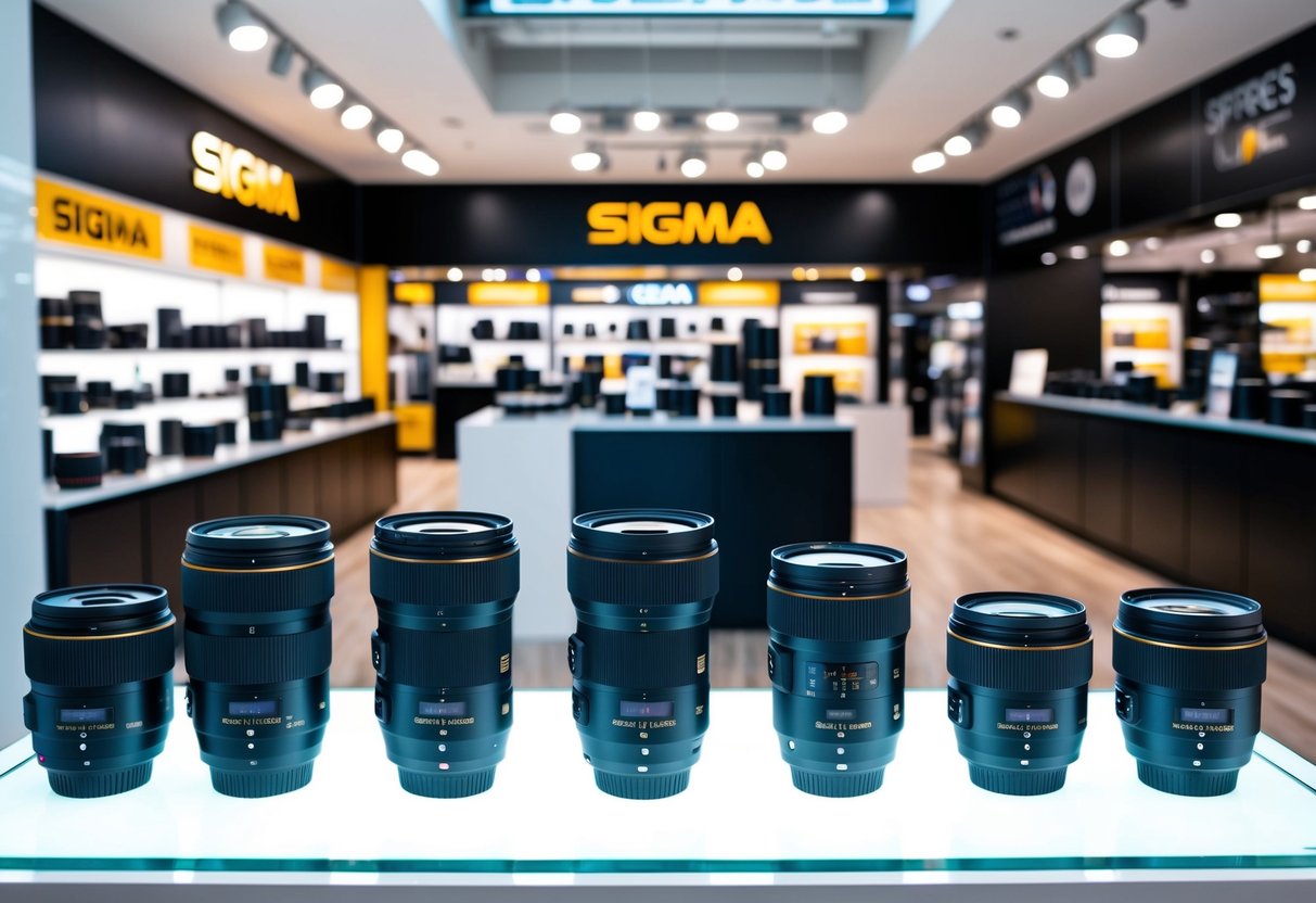 A bustling camera store in Singapore displays various Sigma lenses with promotional signs