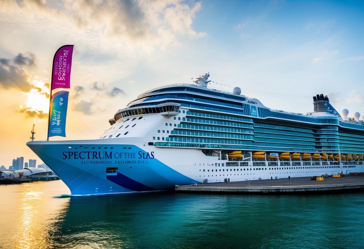 The Spectrum of the Seas cruise ship is docked in Singapore, with vibrant promotional banners fluttering in the breeze