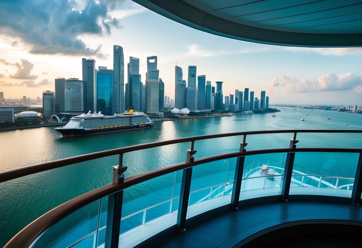 A panoramic view of the Singapore skyline from a luxurious balcony on the Spectrum of the Seas cruise ship