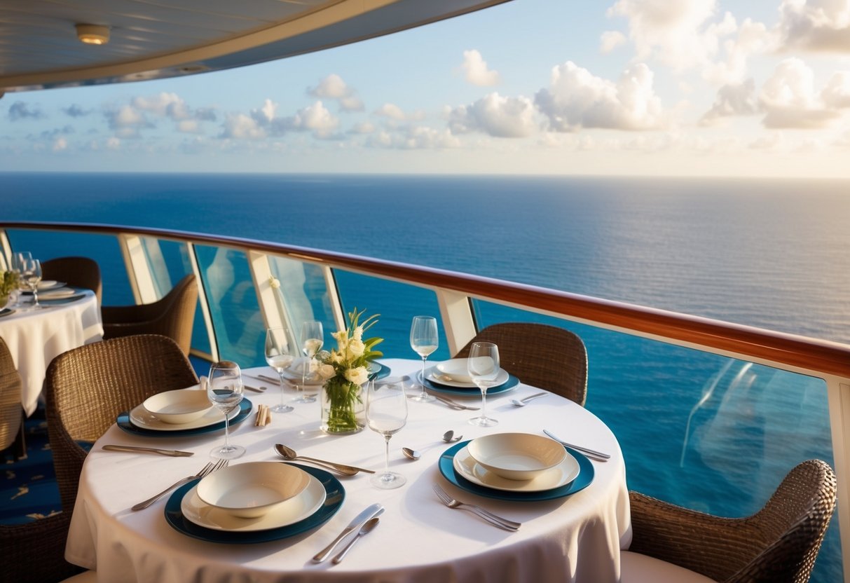 A table set with elegant dinnerware and a panoramic view of the ocean from the deck of a Royal Caribbean cruise ship