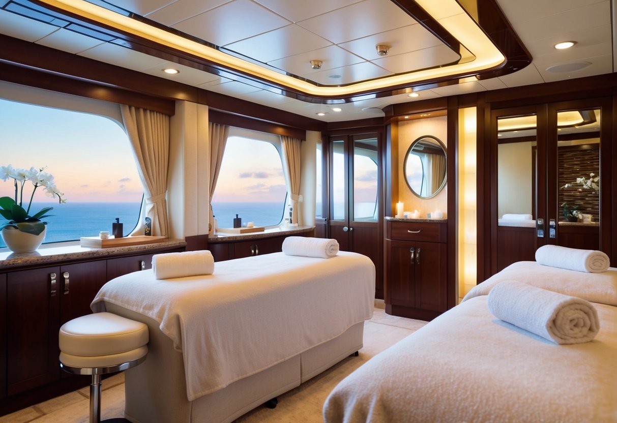A luxurious spa treatment room aboard a Royal Caribbean cruise ship, with serene decor, plush seating, and soothing ambiance