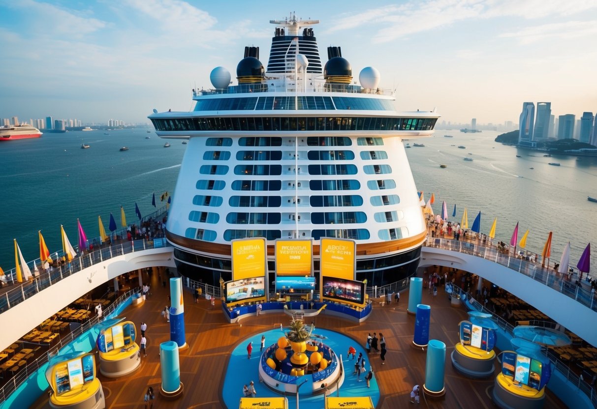 A panoramic view of the Top Deck Excursions on the Spectrum of the Seas cruise ship in Singapore, with vibrant promotional displays and activities
