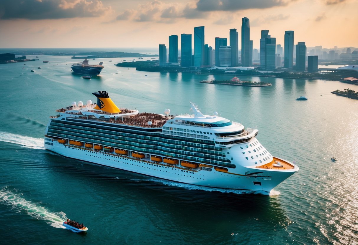 A vibrant cruise ship sailing through the sparkling waters of Singapore, surrounded by families enjoying various adventure activities on board